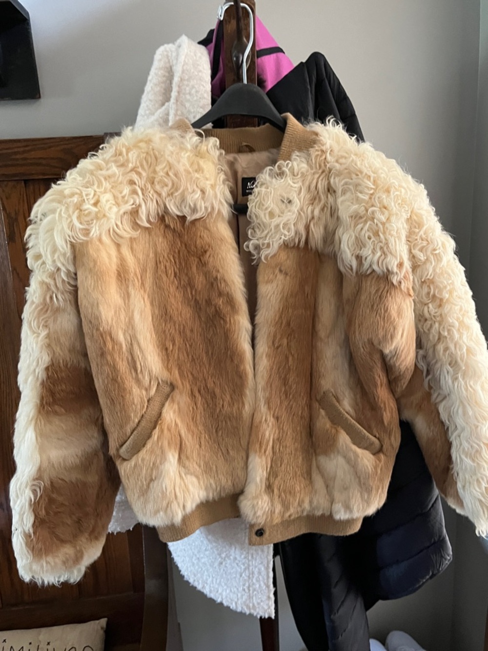Faux Fur Bomber Jacket in Golden Tan and Cream